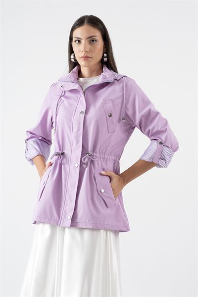 Goudot Kapüşonlu Mevsimlik Parka – Beli Büzgülü, Çıtçıt Detaylı LİLA
