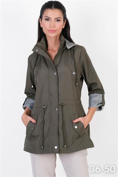 Goudot Kapüşonlu Mevsimlik Parka – Beli Büzgülü, Çıtçıt Detaylı HAKİ