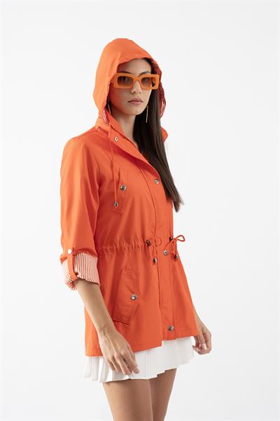 Goudot Kapüşonlu Mevsimlik Parka – Beli Büzgülü, Çıtçıt Detaylı TURUNCU