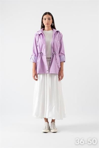 Goudot Kapüşonlu Mevsimlik Parka – Beli Büzgülü, Çıtçıt Detaylı LİLA