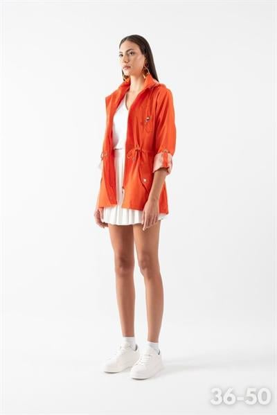 Goudot Kapüşonlu Mevsimlik Parka – Beli Büzgülü, Çıtçıt Detaylı TURUNCU