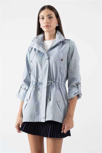 Goudot Kapüşonlu Mevsimlik Parka – Beli Büzgülü, Çıtçıt Detaylı MAVİ