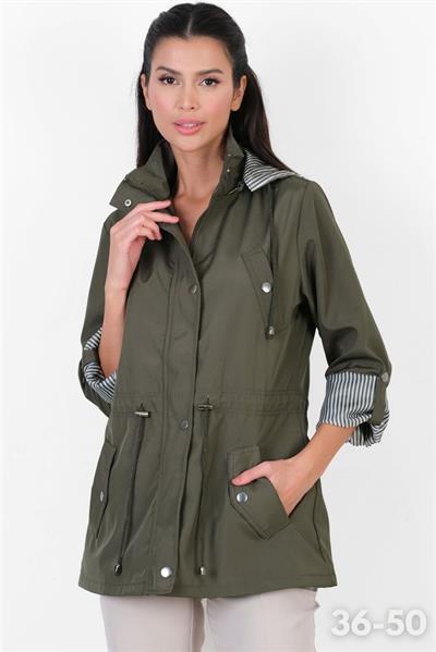 Goudot Kapüşonlu Mevsimlik Parka – Beli Büzgülü, Çıtçıt Detaylı HAKİ