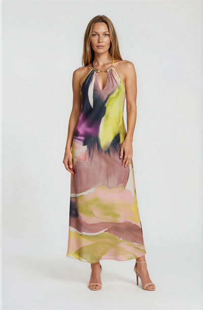 Halter Yaka Metal Aksesuarl ıDesenli Elbise SARI