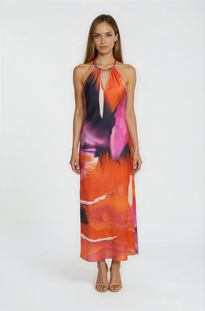 Halter Yaka Metal Aksesuarl ıDesenli Elbise MERCAN