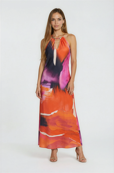 Halter Yaka Metal Aksesuarl ıDesenli Elbise MERCAN