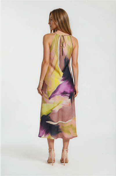 Halter Yaka Metal Aksesuarl ıDesenli Elbise SARI