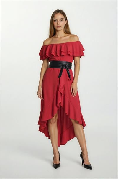 Harden Volanlı  Uzun Abiye Elbise KIRMIZI