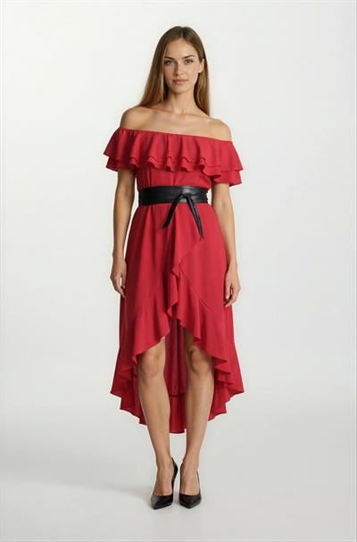 Harden Volanlı  Uzun Abiye Elbise KIRMIZI