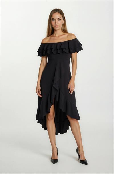 Harden Volanlı  Uzun Abiye Elbise SİYAH