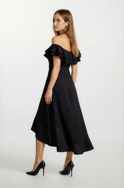 Harden Volanlı  Uzun Abiye Elbise SİYAH