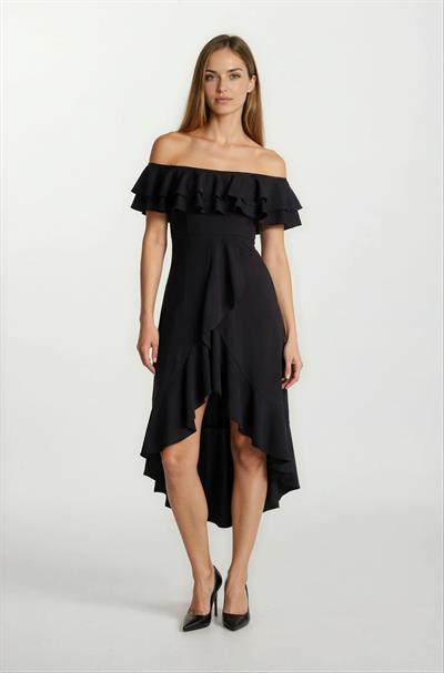 Harden Volanlı  Uzun Abiye Elbise SİYAH