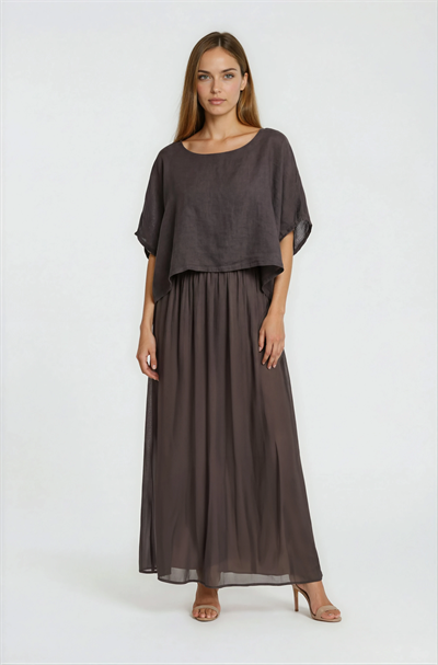 İki Parça Görünümlü Keten Karişımlı Salaş Elbise KAHVE