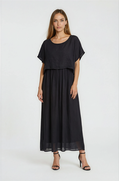 İki Parça Görünümlü Keten Karişımlı Salaş Elbise SİYAH