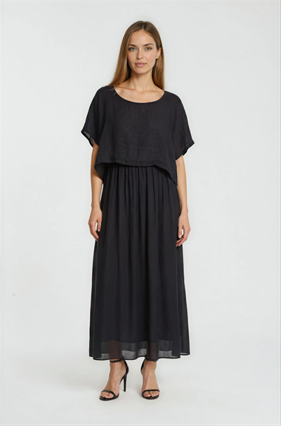 İki Parça Görünümlü Keten Karişımlı Salaş Elbise SİYAH