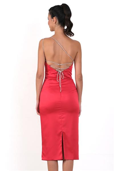 İmelde Asimetrik Yaka Taş Tek Askılı Midi Abiye Elbise KIRMIZI