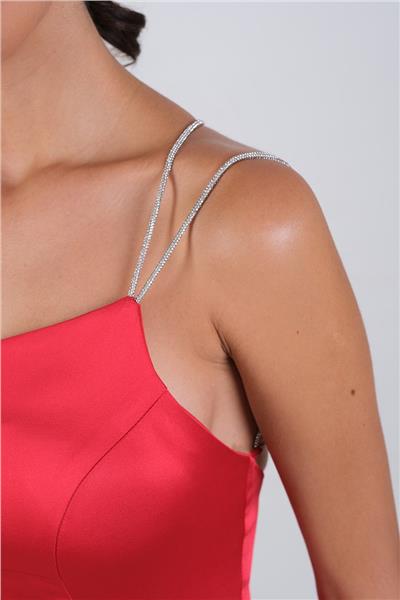 İmelde Asimetrik Yaka Taş Tek Askılı Midi Abiye Elbise KIRMIZI