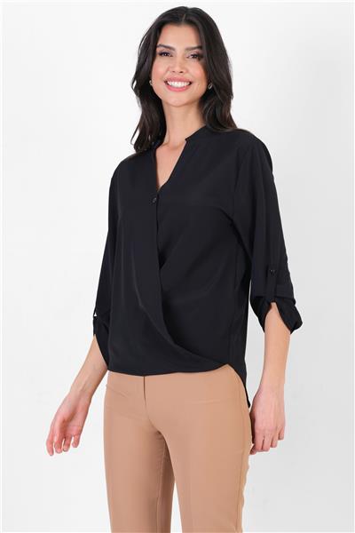 İmpero Hakim Yaka Kruvaze Katlamalı Kol Bluz SİYAH