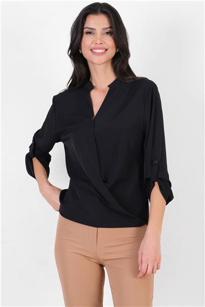 İmpero Hakim Yaka Kruvaze Katlamalı Kol Bluz SİYAH