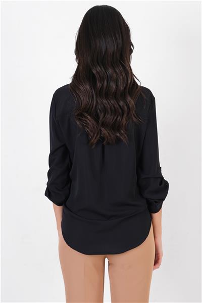 İmpero Hakim Yaka Kruvaze Katlamalı Kol Bluz SİYAH