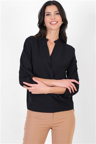 İmpero Hakim Yaka Kruvaze Katlamalı Kol Bluz SİYAH