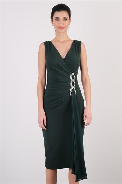 İnelda Kruvaze Yaka Bel Aksesuar Detaylı Midi Abiye Elbise YEŞİL