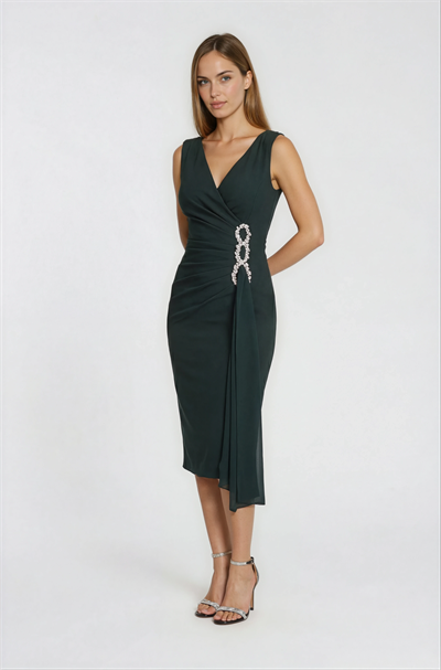 İnelda Kruvaze Yaka Bel Aksesuar Detaylı Midi Abiye Elbise YEŞİL