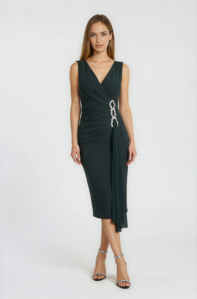 İnelda Kruvaze Yaka Bel Aksesuar Detaylı Midi Abiye Elbise YEŞİL
