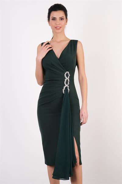 İnelda Kruvaze Yaka Bel Aksesuar Detaylı Midi Abiye Elbise YEŞİL