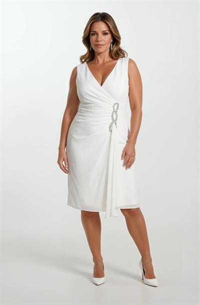 İnelda Kruvaze Yaka Bel Aksesuar Detaylı Midi Abiye Elbise EKRU