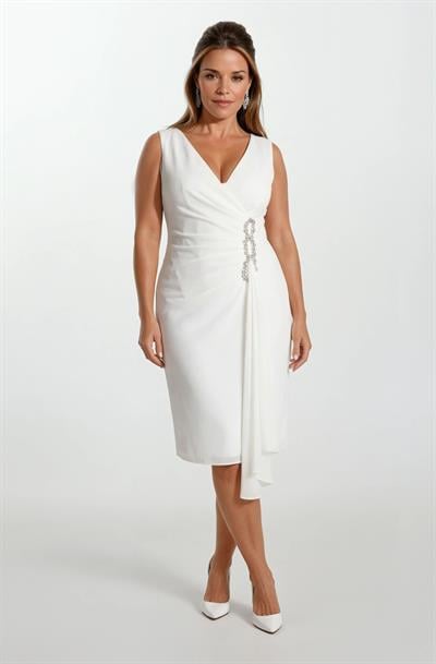 İnelda Kruvaze Yaka Bel Aksesuar Detaylı Midi Abiye Elbise EKRU