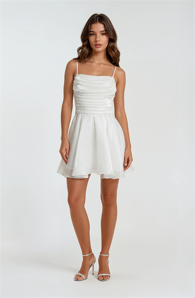 İp Askılı Göğsü Drapeli Kloş Mezuniyet Elbisesi EKRU