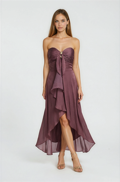 İp Askılı Metal Aksesuarlı Volanlı Davet Elbisesi BORDO