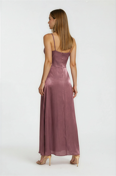 İp Askılı Metal Aksesuarlı Volanlı Davet Elbisesi BORDO