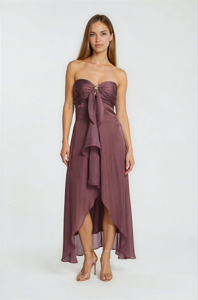 İp Askılı Metal Aksesuarlı Volanlı Davet Elbisesi BORDO