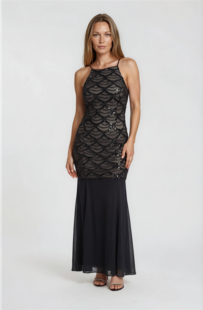 İp Askılı Payetli Balık Davet Elbisesi SİYAH