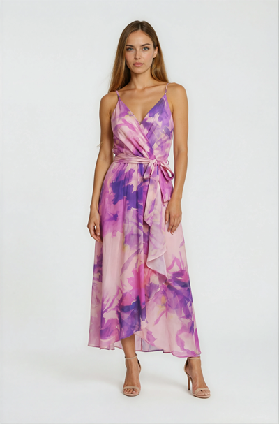 İp Askılı Volanlı Kruvaze Desenli Davet Elbisesi PEMBE