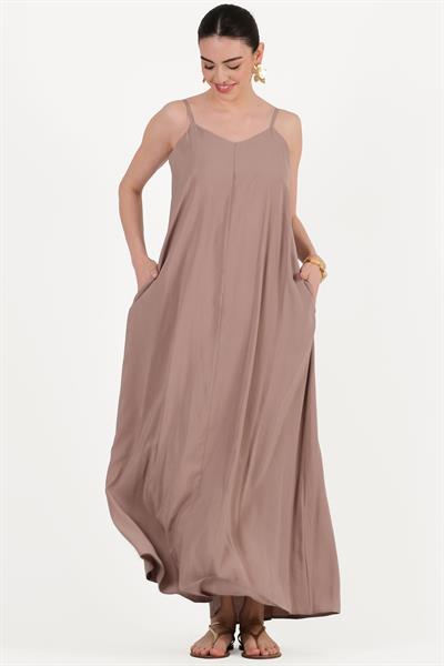 İseo V Yaka İnce Askılı Salaş Elbise VİZON