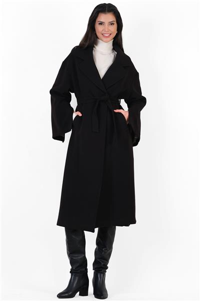 İtaliano Kruvaze Geniş Yaka Kuşaklı Kaban SİYAH