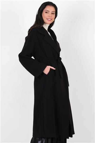 İtaliano Kruvaze Geniş Yaka Kuşaklı Kaban SİYAH