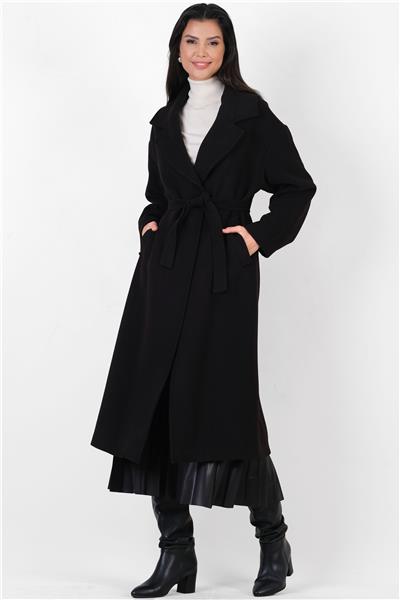 İtaliano Kruvaze Geniş Yaka Kuşaklı Kaban SİYAH