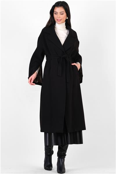 İtaliano Kruvaze Geniş Yaka Kuşaklı Kaban SİYAH