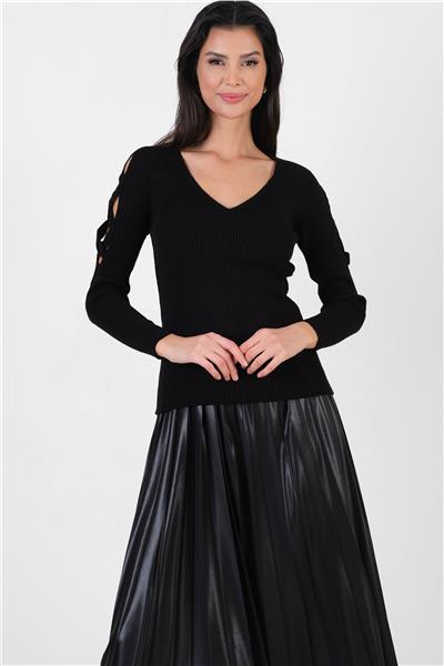 İtalico V Yaka Kollar Çarpraz Bantlı Triko SİYAH