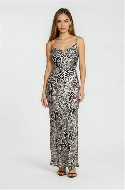 İvanio İnce Askılı Degaje Yaka Balık Yırtmaçlı Uzun Abiye Elbise GRİ