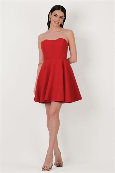 İvanoe Straplez Kloş Kısa Abiye Elbise KIRMIZI