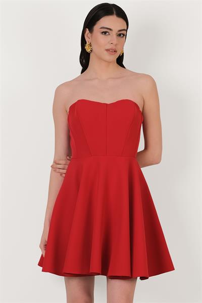 İvanoe Straplez Kloş Kısa Abiye Elbise KIRMIZI