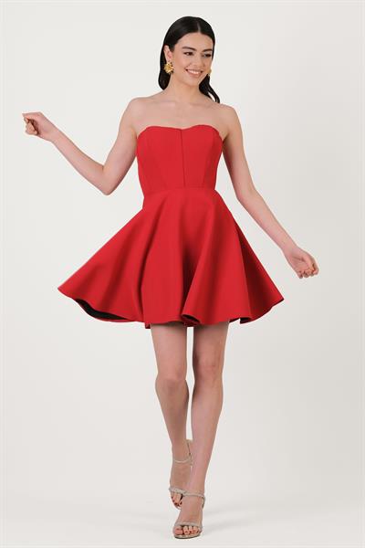 İvanoe Straplez Kloş Kısa Abiye Elbise KIRMIZI