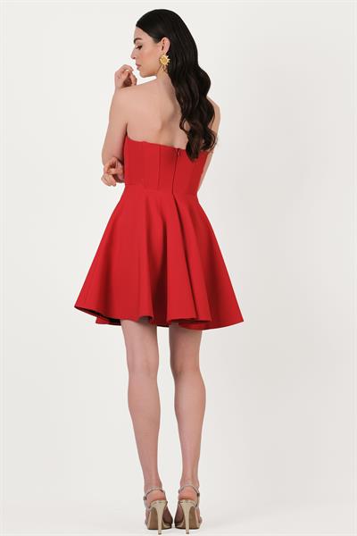 İvanoe Straplez Kloş Kısa Abiye Elbise KIRMIZI