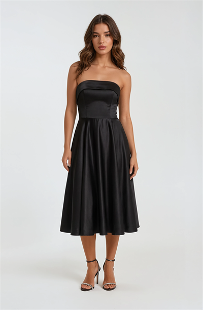 İvette Straplez Sırt Çapraz Bağcıklı Kloş Kısa Abiye Elbise SİYAH