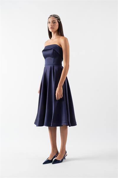 İvette Straplez Sırt Çapraz Bağcıklı Kloş Kısa Abiye Elbise LACİVERT